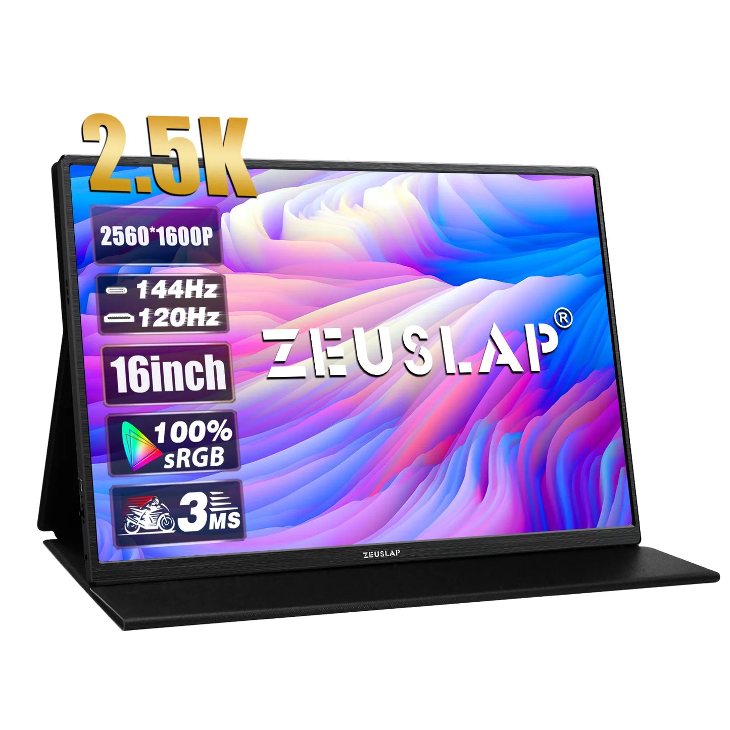 ZEUSLAP 16" 2.5K 144hz Portable Monitor 2560*1600 16:10 100%sRGB 500Cd/m²  Travel Gaming Display for Laptop Switch ps4 ps5 Xbox