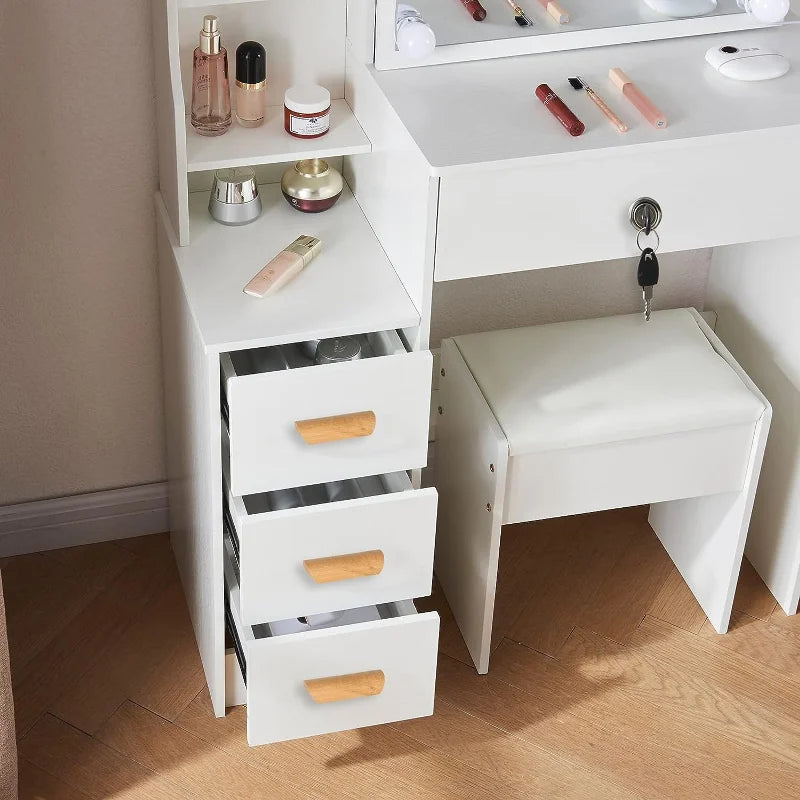 Vanity Set with Lighted Mirror, Makeup Vanity Dressing Table with 4 Drawers and Cushioned Stool