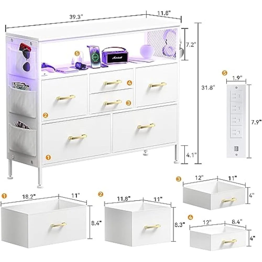 Dresser for Bedroom TV Stand with Power Outlets and LED Light, 6 Drawers Dresser with Side Pockets & Hooks