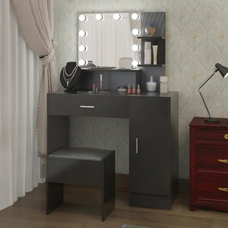 Large Vanity Set with 10 Light Bulbs, Black Makeup Vanity Table with Cushioned Stool, Vanity Desk with 3 Shelves & 1 L