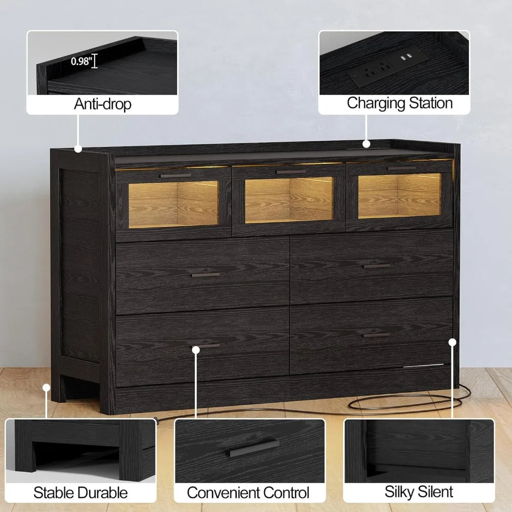 New 7 Drawer 47" Black Dresser with LED and Power Strip, Wood Dressers & Chests of Drawers for Bedroom
