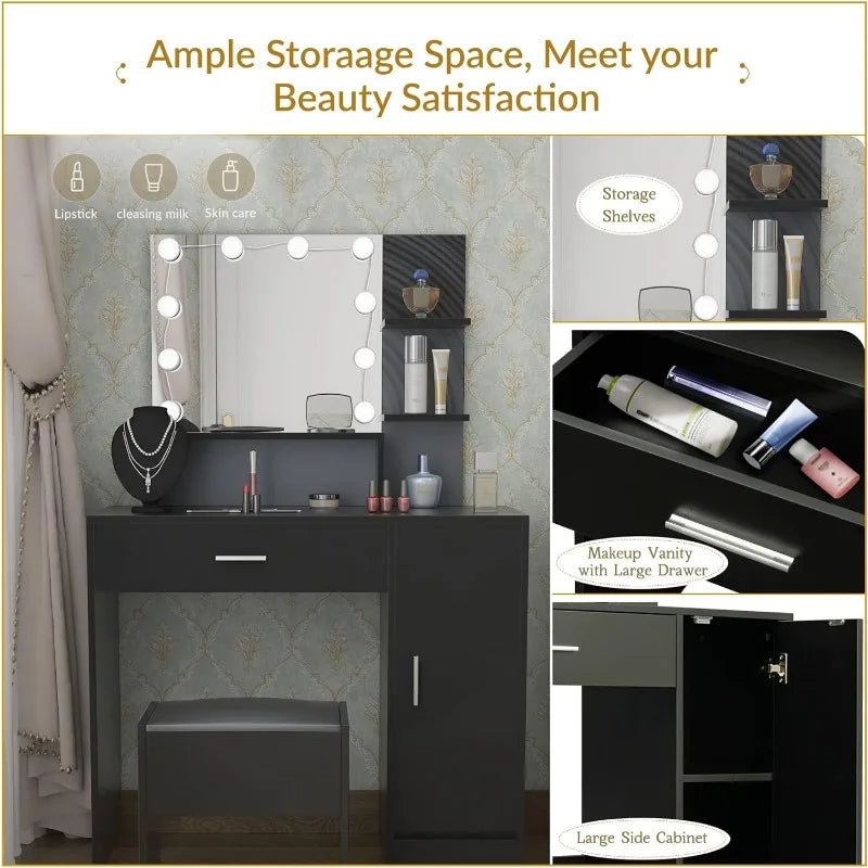 Large Vanity Set with 10 Light Bulbs, Black Makeup Vanity Table with Cushioned Stool, Vanity Desk with 3 Shelves & 1 L