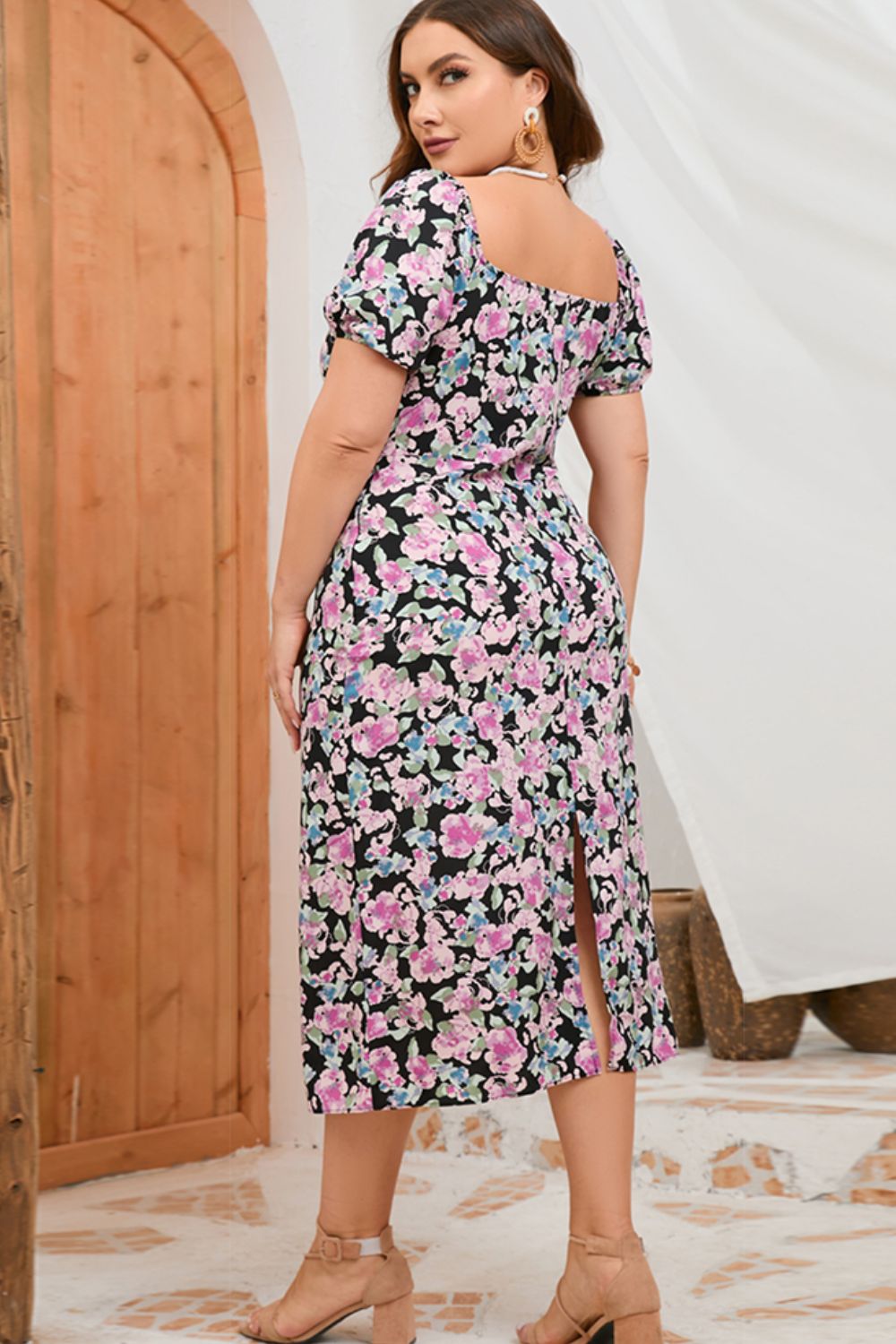 Plus Size Floral Ruched Slit Midi Dress
