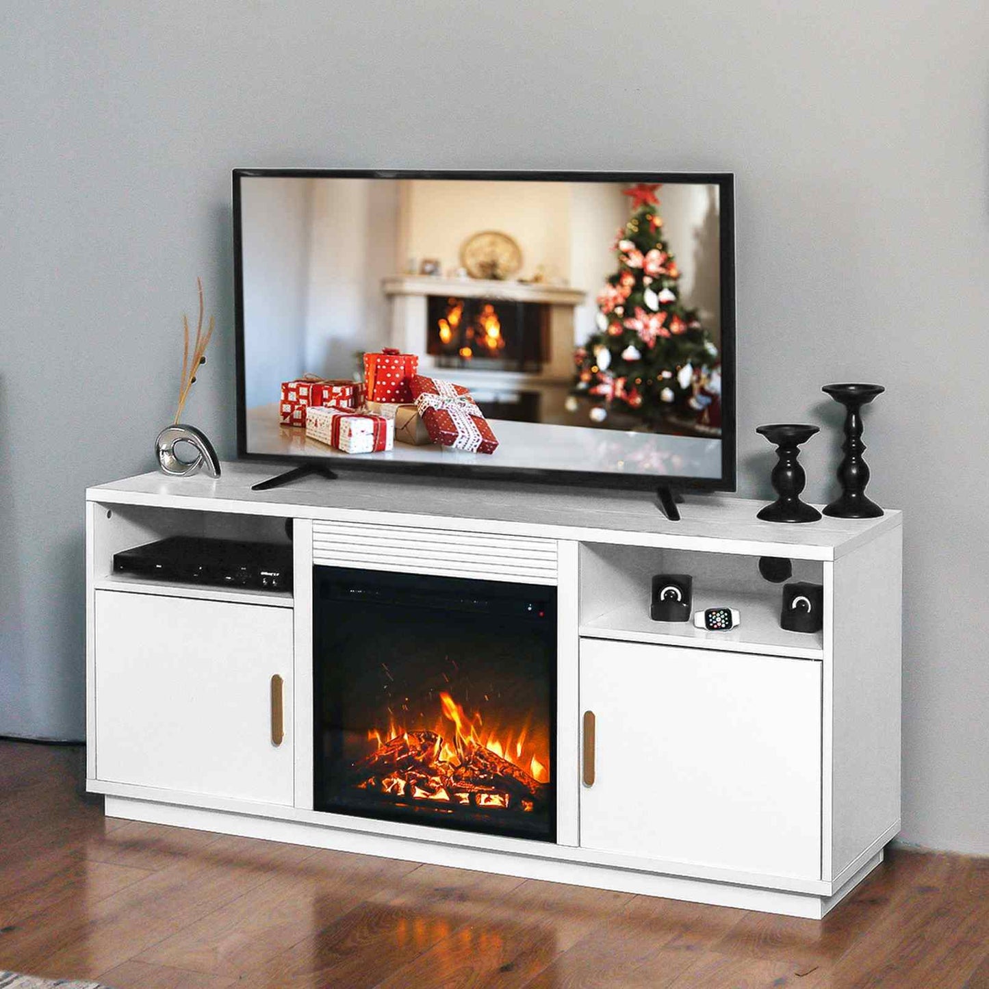 2-IN-1 Design Fireplace TV Stand for TVs up to 63'' Modern Entertainment Center Adjustable Shelf with Home Fireplace US STOCK