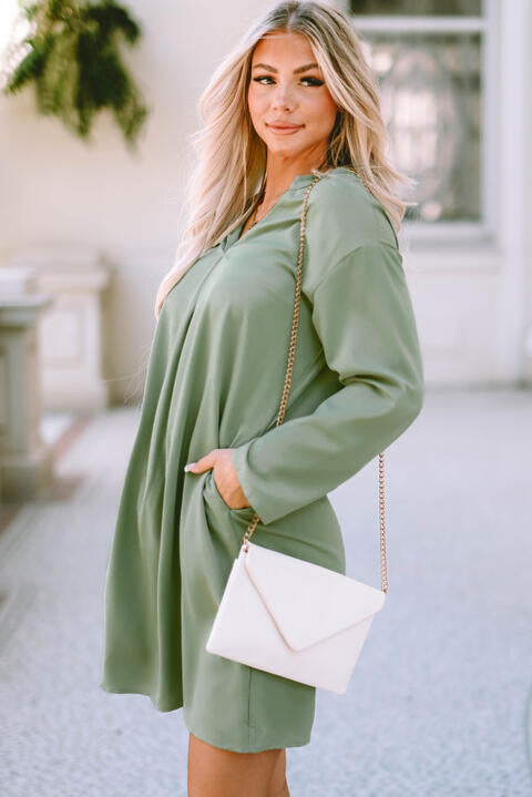Notched Long Sleeve Dress with Pockets