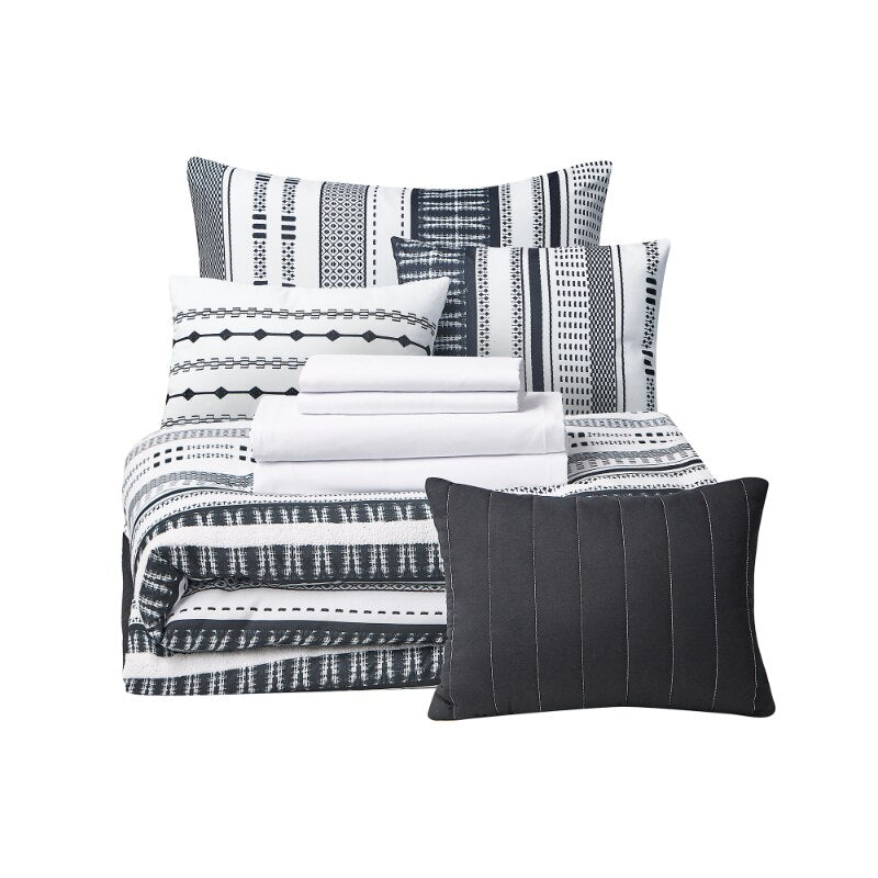 Mainstays Black and White Stripe 10 Piece Bed in a Bag with Sheets and