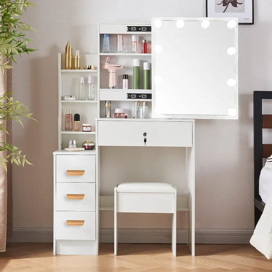 Vanity Set with Lighted Mirror, Makeup Vanity Dressing Table with 4 Drawers and Cushioned Stool