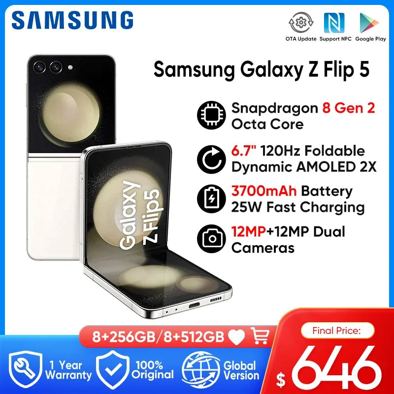 New Original Samsung Galaxy Z Flip 5 Flip5 5G 6.7'' 120Hz Foldable Dynamic AMOLED 2X Display Snapdragon 8 Gen 2 Android 13