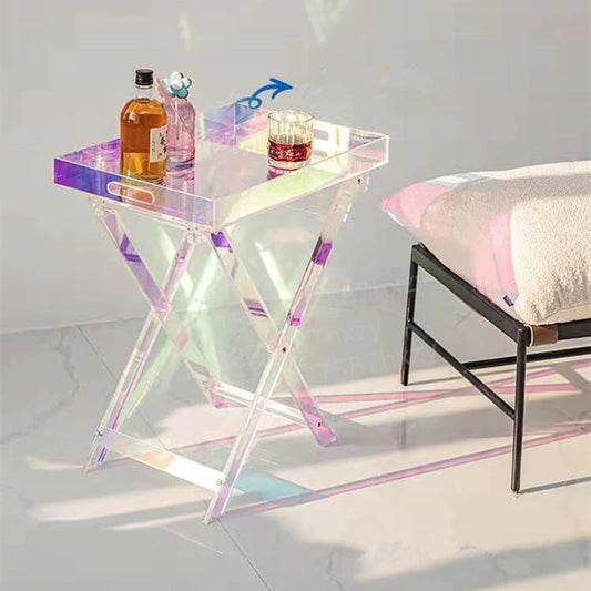 Foldable Transparent Acrylic Folding Table Iridescent Rainbow Square Portable Side Table