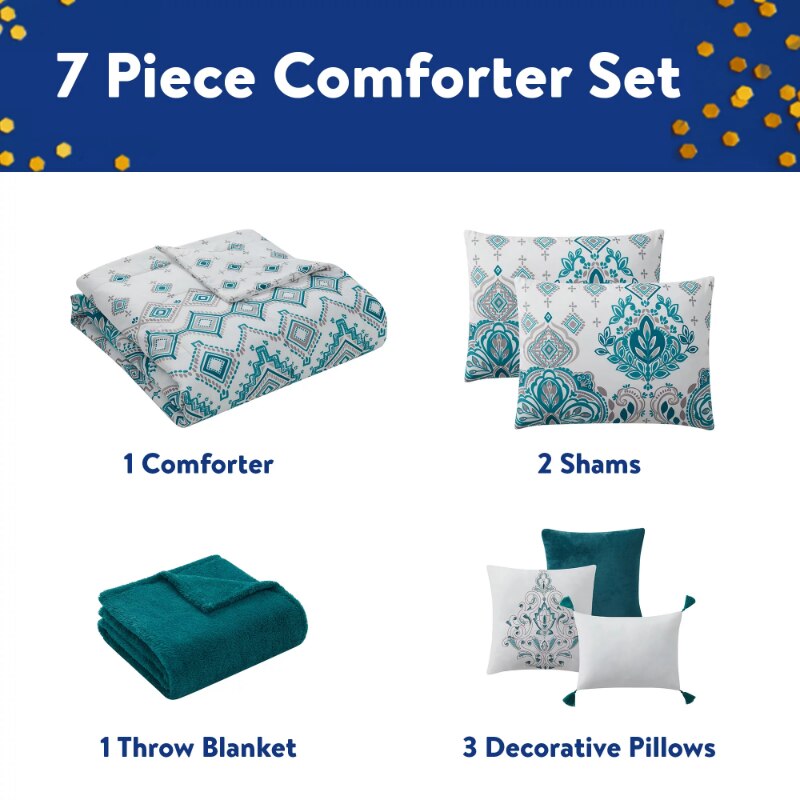 VCNY Home Evergreen Bohemian 7 Piece Teal Damask Comforter Set,