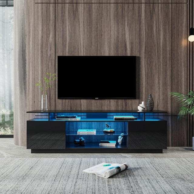 White/Black Led TV Stand for 80 Inch TV Media Console Entertainment Center Television Table 2 Storage Cabinet with Open Shelves
