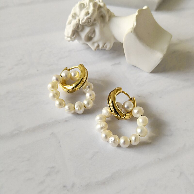 Baroque Freshwater Pearl Hoop Earrings Layering Small Gold Chunky Hoop Pearl Earring Minimalist Double Circle Dangle Earrings