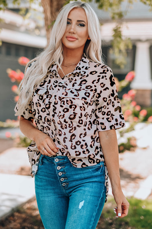 Leopard Button Front Short Sleeve Shirt with Breast Pockets