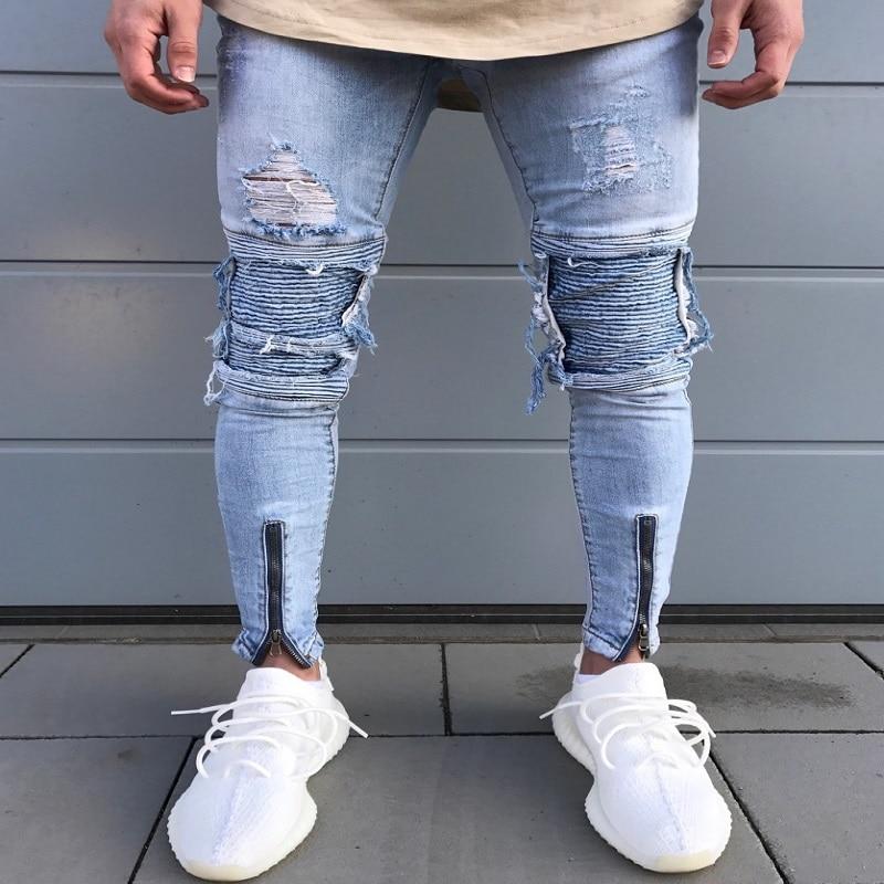 New jeans men's Europe and America motorcycle pants knee pleats broken pants zipper stretch feet pants
